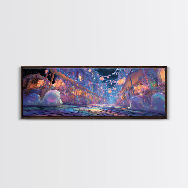 The Lantern Market Beyond The Veil, Retro Neon Halloween Art, Extra Wide Wall Art, Canvas Print, Retro Halloween Decor, Neon Wall Art