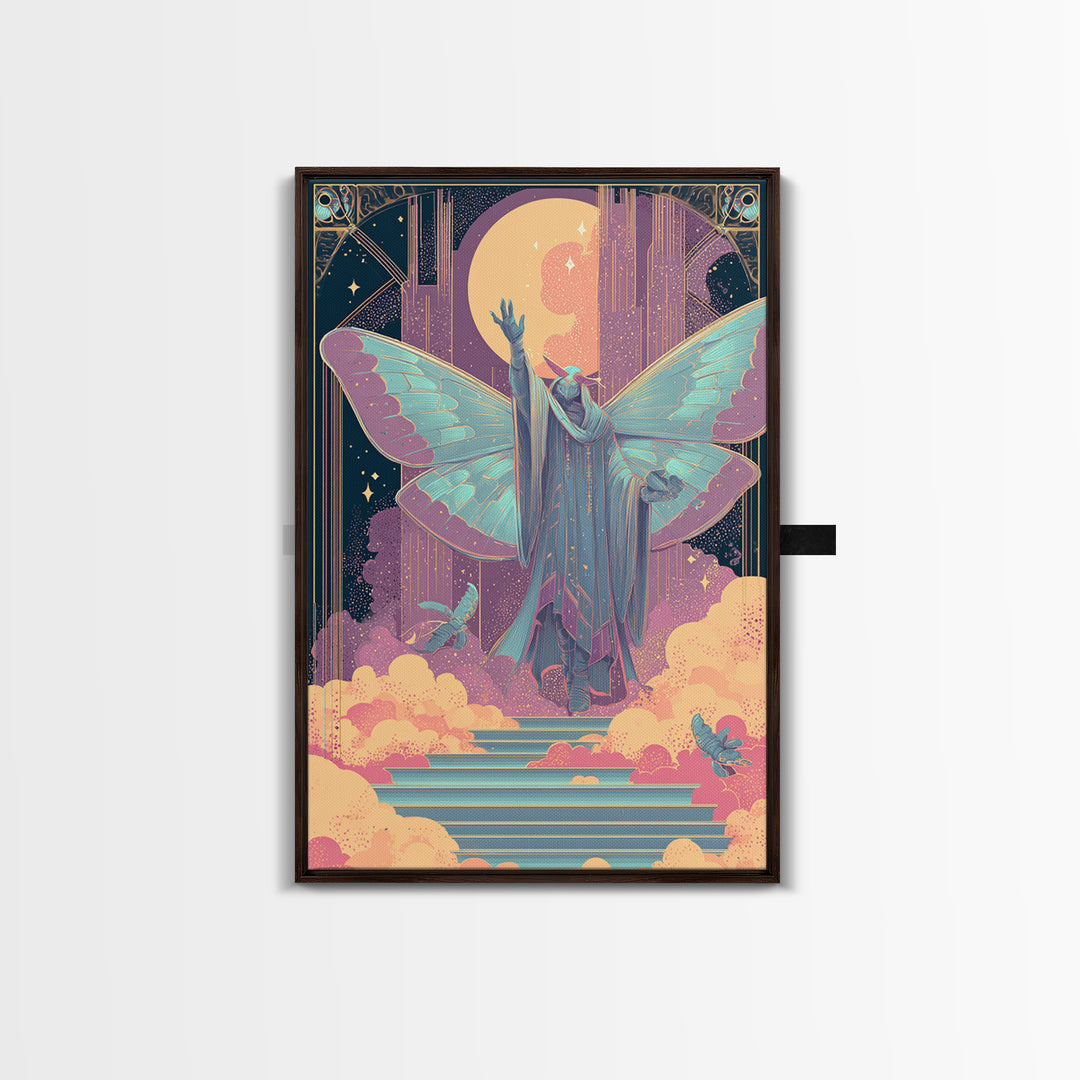 The Moth Prophet Of Kadath, Vaporwave Halloween Decor, Vertical Wall Art, Canvas Print, Retro Halloween Decor, Neon Wall Art