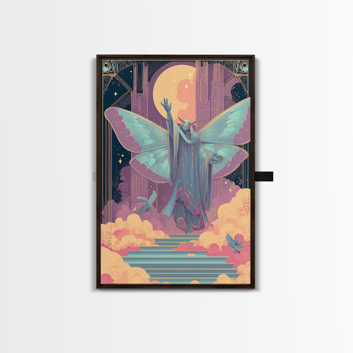 The Moth Prophet Of Kadath, Vaporwave Halloween Decor, Vertical Wall Art, Canvas Print, Retro Halloween Decor, Neon Wall Art