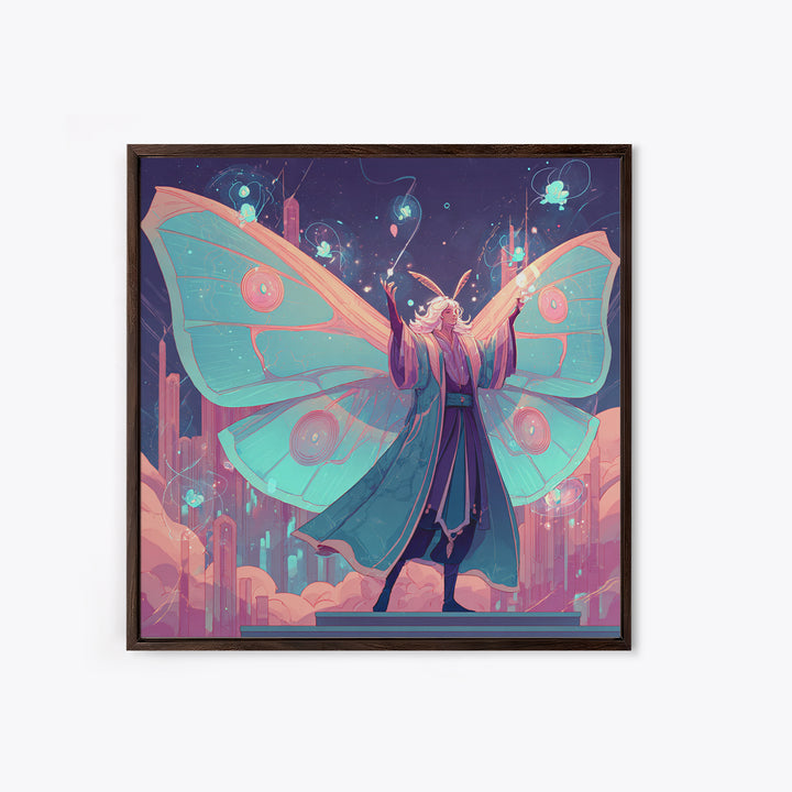 The Moth Prophet Of Kadath, Cute Spooky Neon Art, Square Wall Art, Framed Canvas Print, Retro Halloween Decor, Neon Wall Art