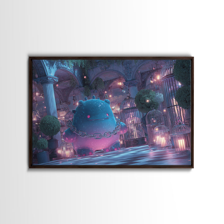 The Moonlit Shoggoth Menagerie, Vaporwave Halloween Decor, Landscape Wall Art, Framed Canvas Print, Retro Halloween Decor, Neon Wall Art