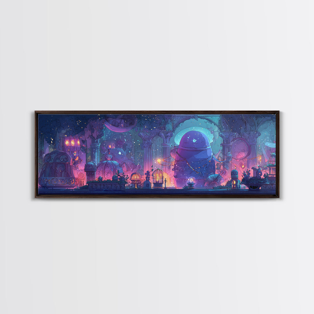 The Moonlit Shoggoth Menagerie, 80s Halloween Wall Art, Extra Wide Wall Art, Canvas Print, Retro Halloween Decor, Neon Wall Art