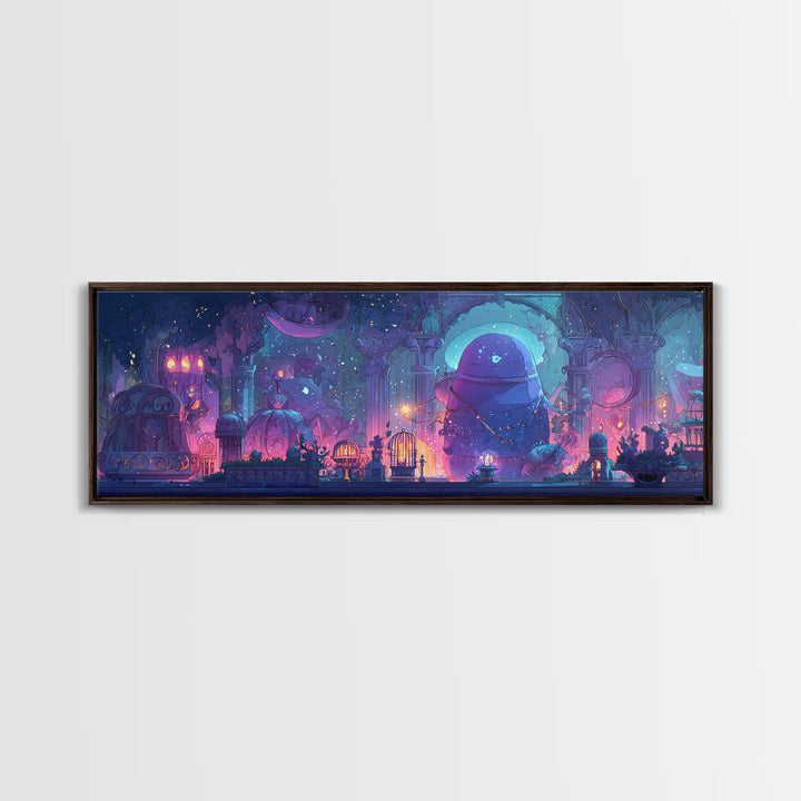 The Moonlit Shoggoth Menagerie, 80s Halloween Wall Art, Extra Wide Wall Art, Canvas Print, Retro Halloween Decor, Neon Wall Art
