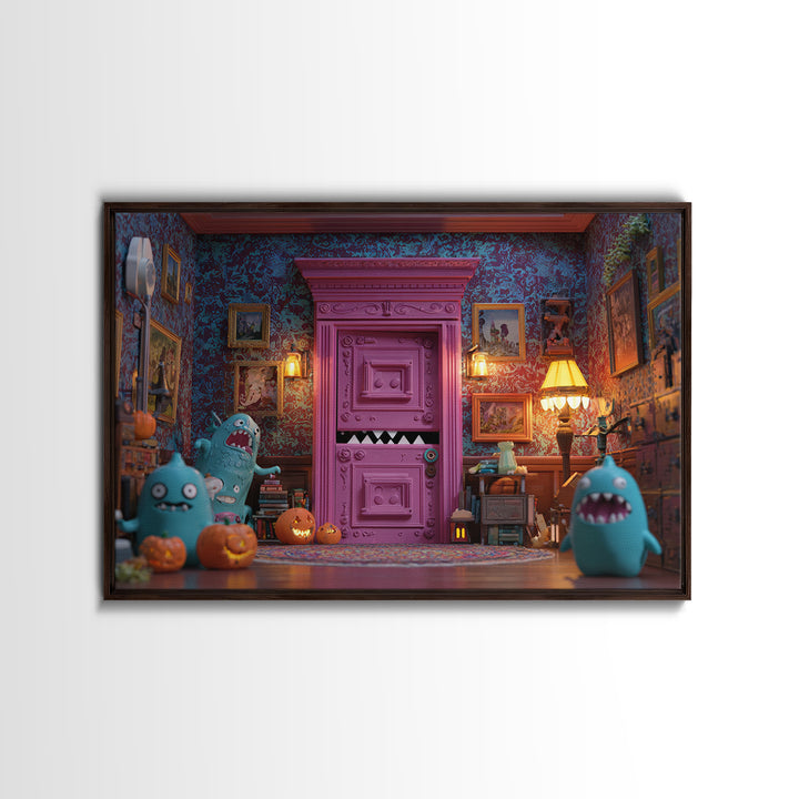 The Thirteenth Door Of Arkham House, Retro Neon Halloween Art, Landscape Wall Art, Canvas Print, Retro Halloween Decor, Neon Wall Art