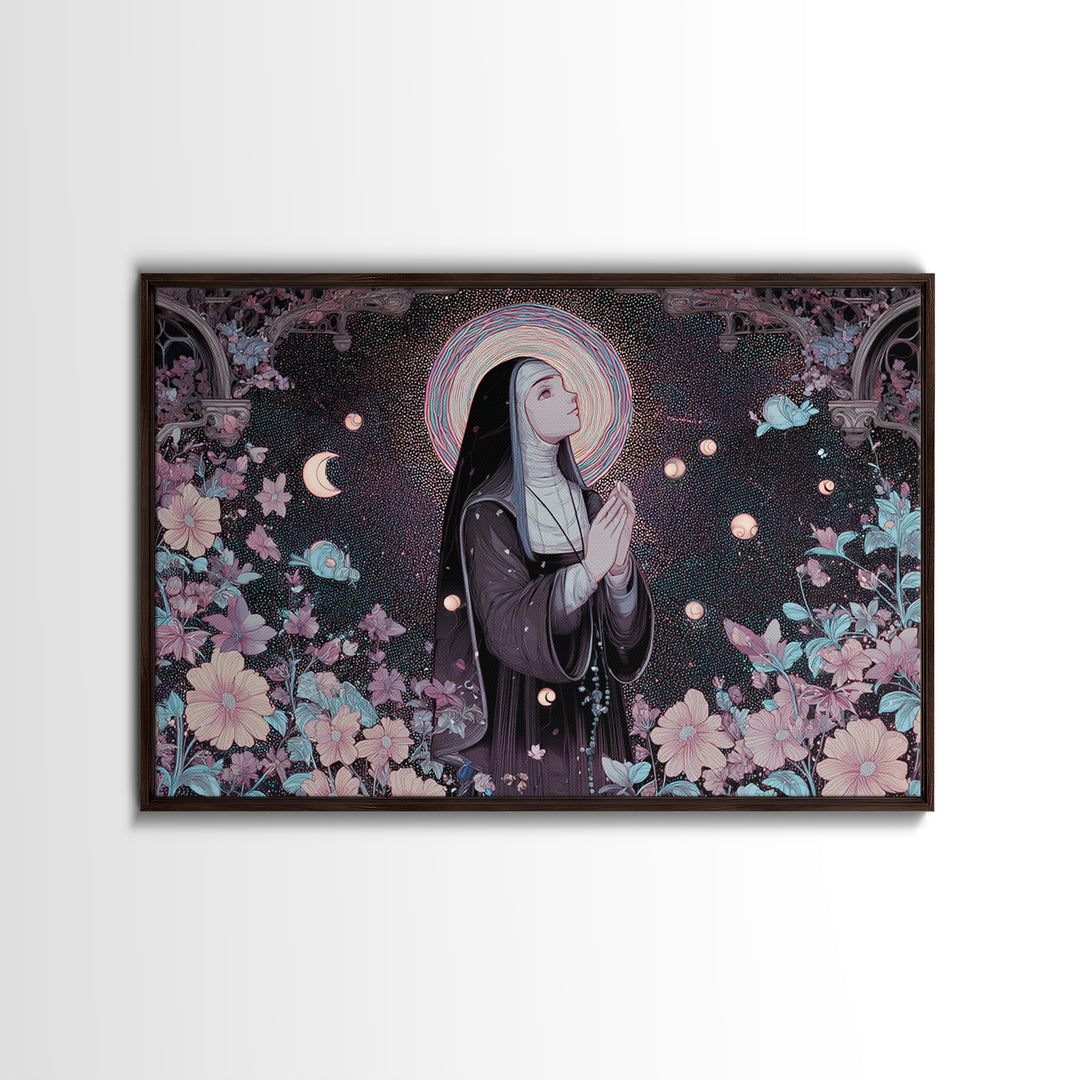 The Nun Of The Endless Constellation, Vaporwave Halloween Decor, Landscape Wall Art, Canvas Print, Retro Halloween Decor, Neon Wall Art