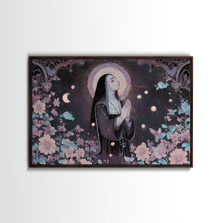 The Nun Of The Endless Constellation, Vaporwave Halloween Decor, Landscape Wall Art, Canvas Print, Retro Halloween Decor, Neon Wall Art