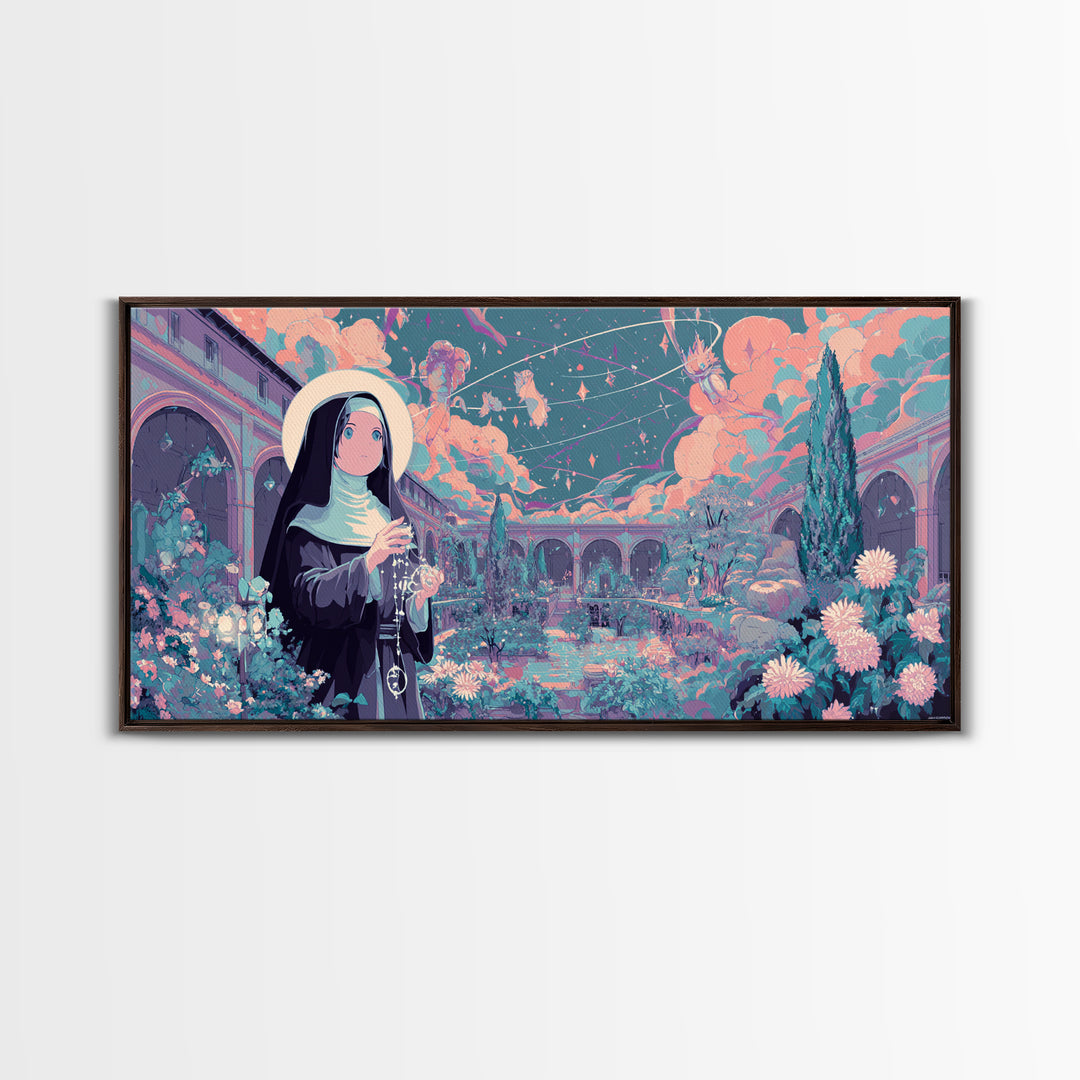 The Nun Of The Endless Constellation, Synthwave Halloween Art, Wide Panoramic Art, Framed Canvas Print, Retro Halloween Decor, Neon Wall Art