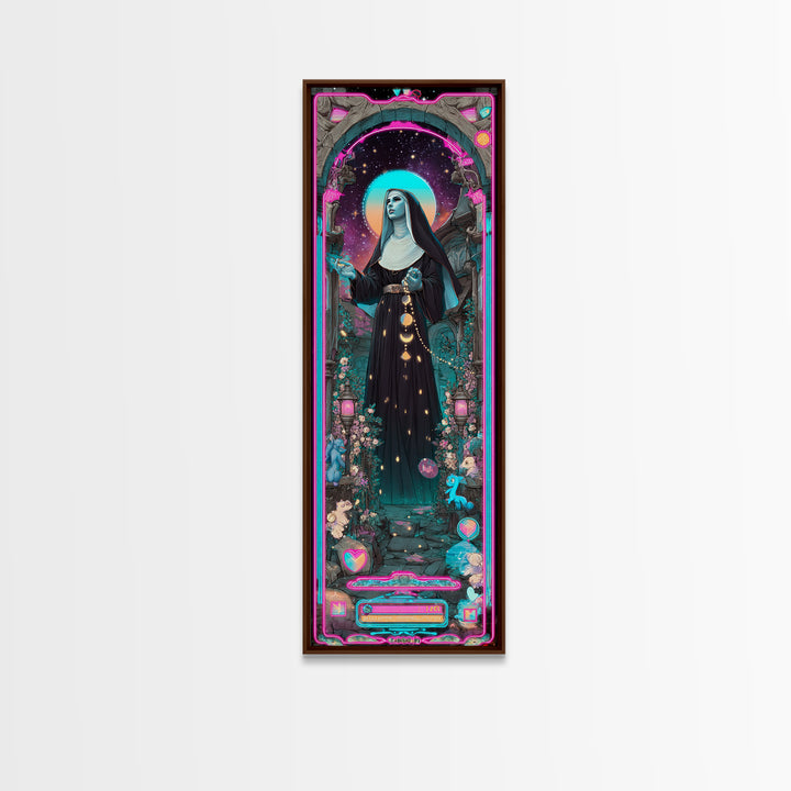 The Nun Of The Endless Constellation, Synthwave Halloween Art, Tall Narrow Wall Art, Canvas Print, Retro Halloween Decor, Neon Wall Art