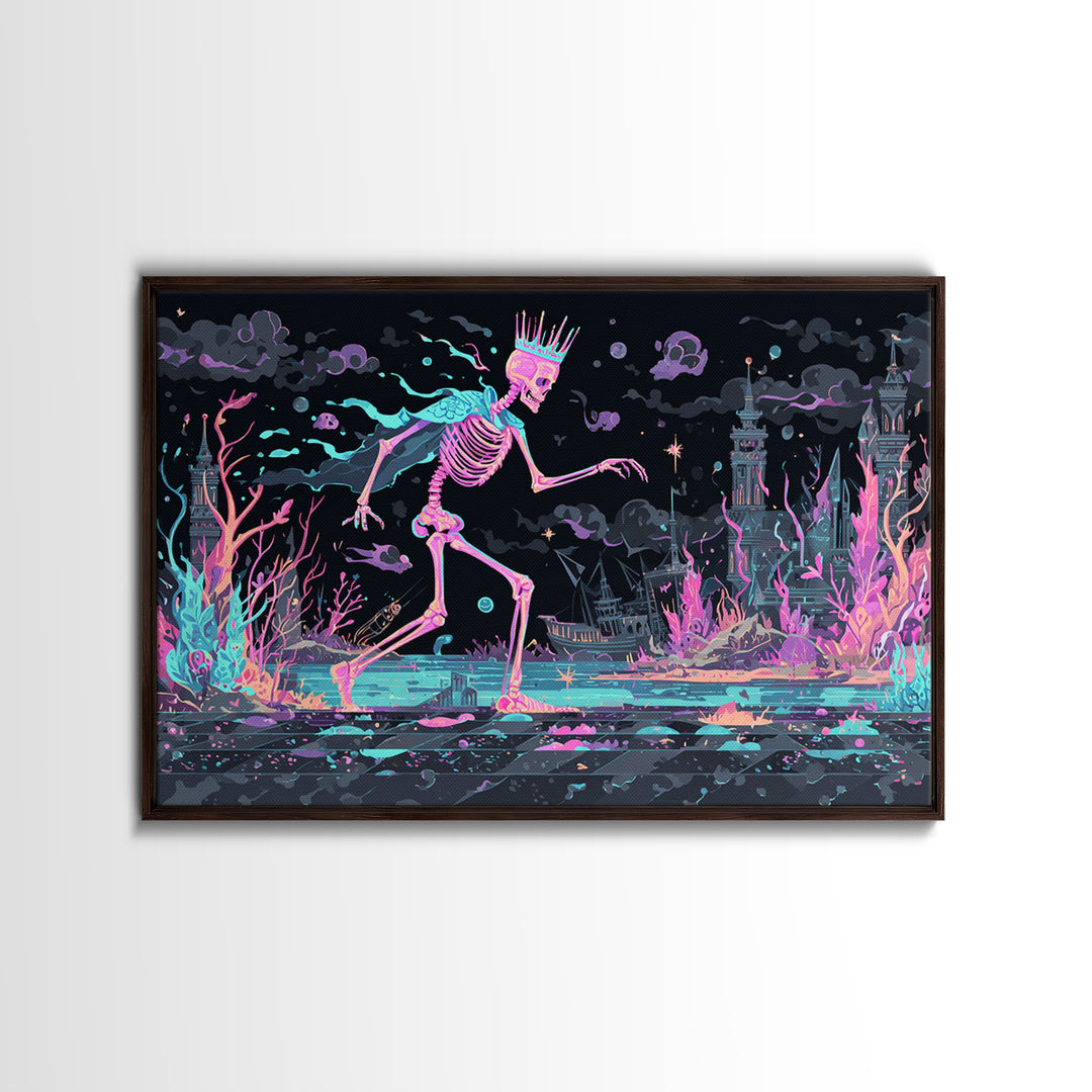 The Salt King Of The Black Shore, Cute Spooky Neon Art, Landscape Wall Art, Canvas Print, Retro Halloween Decor, Neon Wall Art