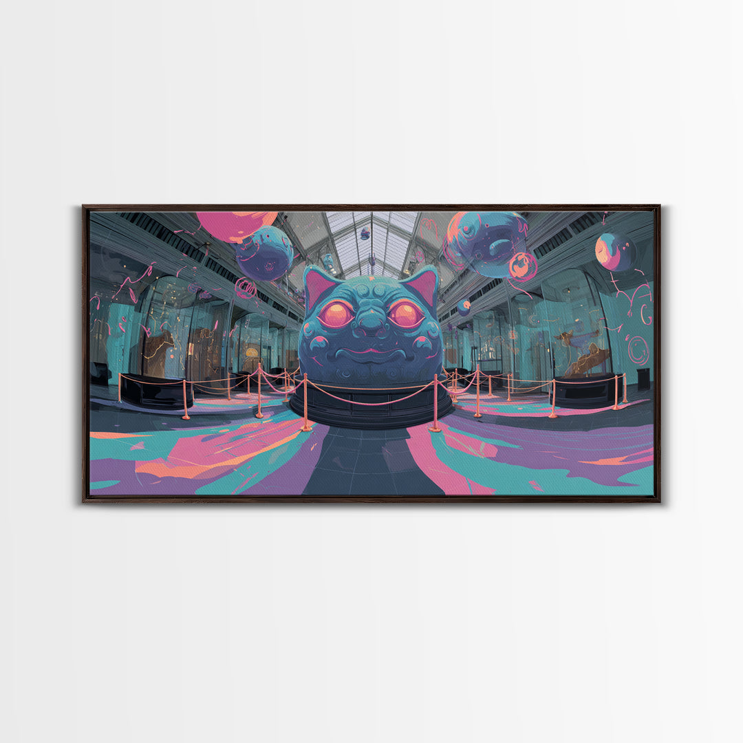 The Custodian Of The Whispering Idol, Cute Spooky Neon Art, Wide Panoramic Art, Canvas Print, Retro Halloween Decor, Neon Wall Art