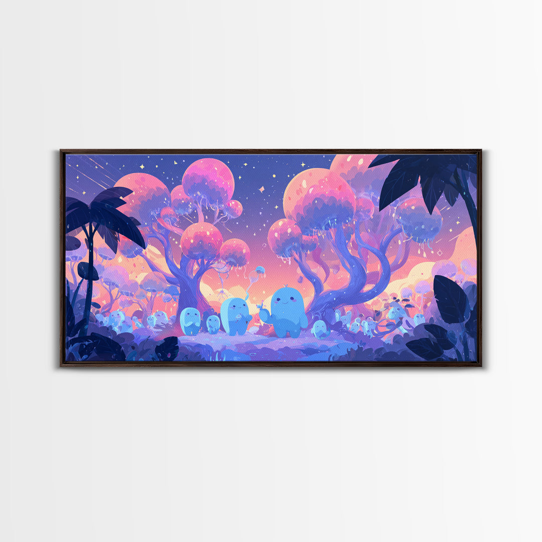 The Children Of The Star Orchard, Vaporwave Halloween Decor, Wide Panoramic Art, Framed Canvas Print, Retro Halloween Decor, Neon Wall Art