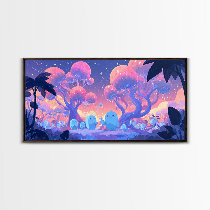 The Children Of The Star Orchard, Vaporwave Halloween Decor, Wide Panoramic Art, Framed Canvas Print, Retro Halloween Decor, Neon Wall Art