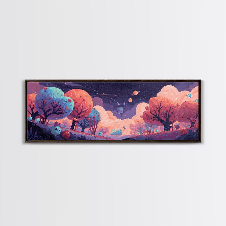 The Children Of The Star Orchard, Cosmic Synthwave Horror, Extra Wide Wall Art, Framed Canvas Print, Retro Halloween Decor, Neon Wall Art