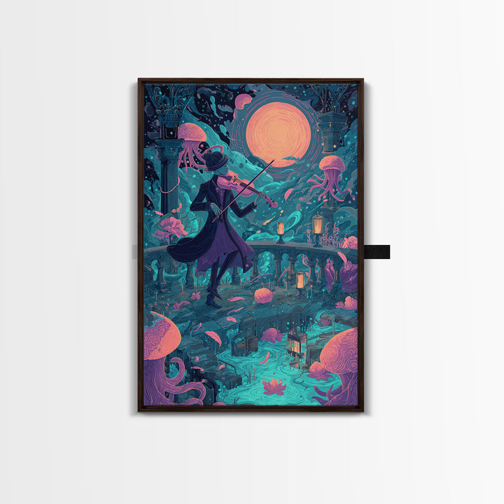 The Violinist Of The Drowned Moon, Retro Neon Halloween Art, Vertical Wall Art, Canvas Print, Retro Halloween Decor, Neon Wall Art