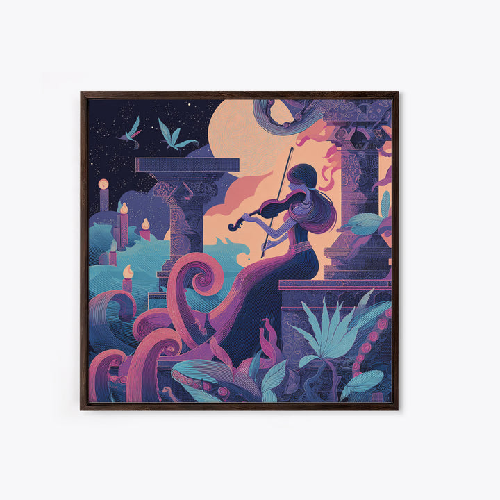 The Violinist Of The Drowned Moon, Cute Eldritch Neon Art, Square Wall Art, Canvas Print, Retro Halloween Decor, Neon Wall Art