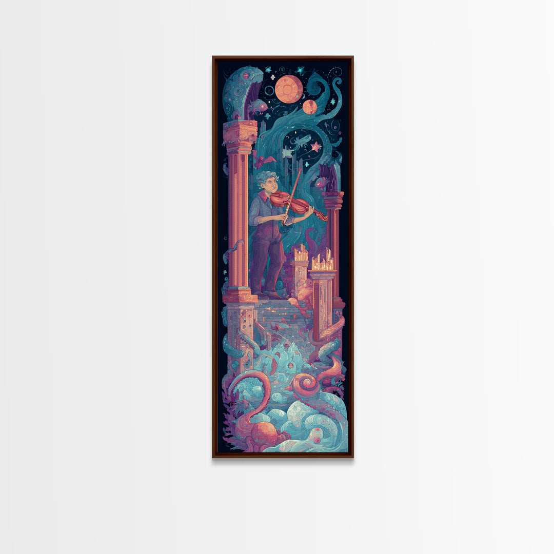 The Violinist Of The Drowned Moon, Synthwave Halloween Art, Tall Narrow Wall Art, Canvas Print, Retro Halloween Decor, Neon Wall Art