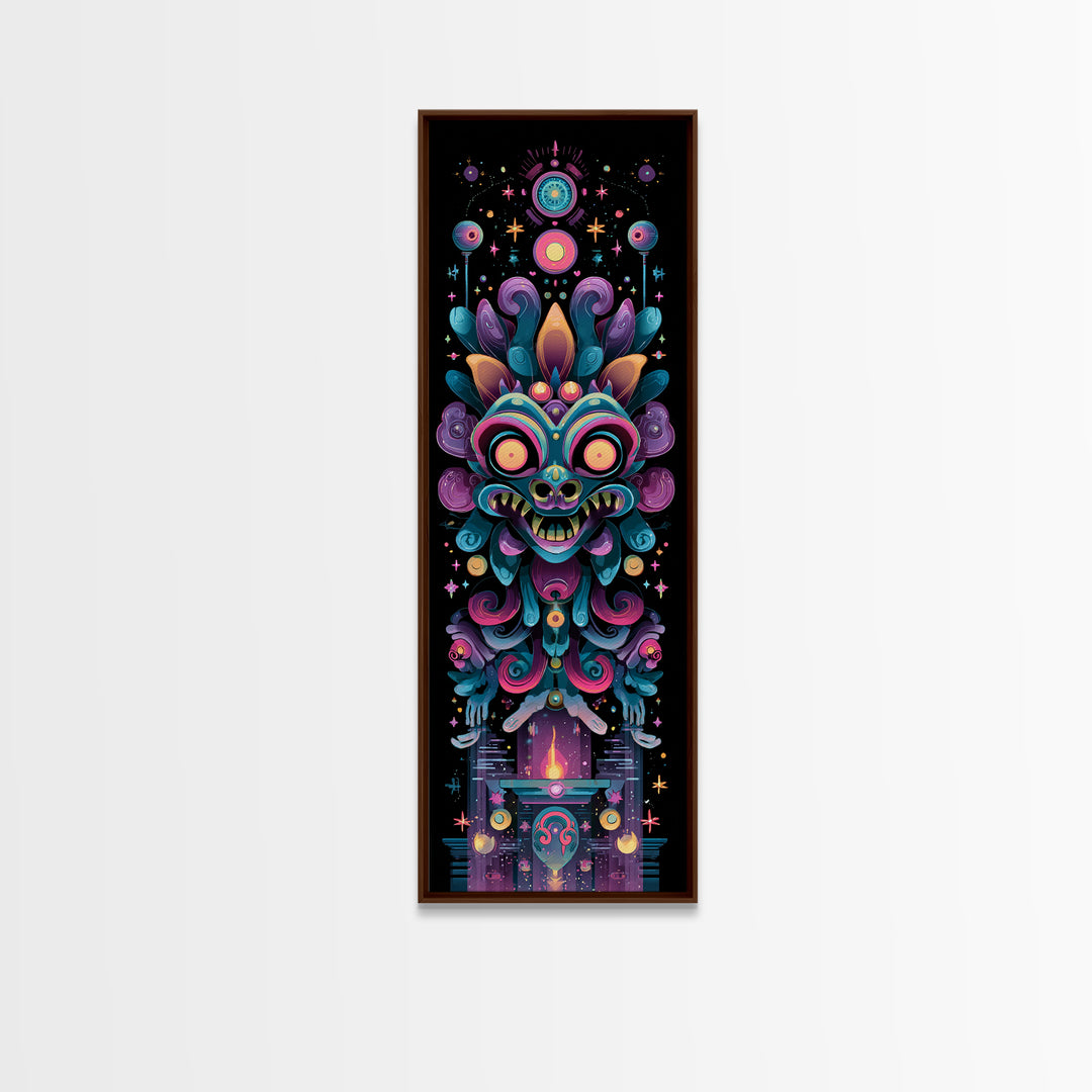 The Mask Of The Crawling God, Synthwave Halloween Art, Tall Narrow Wall Art, Framed Canvas Print, Retro Halloween Decor, Neon Wall Art