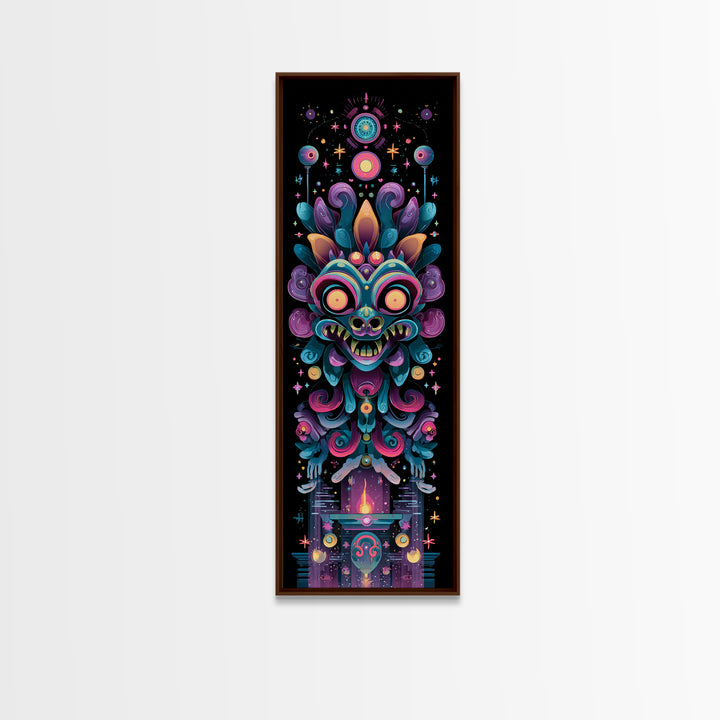 The Mask Of The Crawling God, Synthwave Halloween Art, Tall Narrow Wall Art, Framed Canvas Print, Retro Halloween Decor, Neon Wall Art