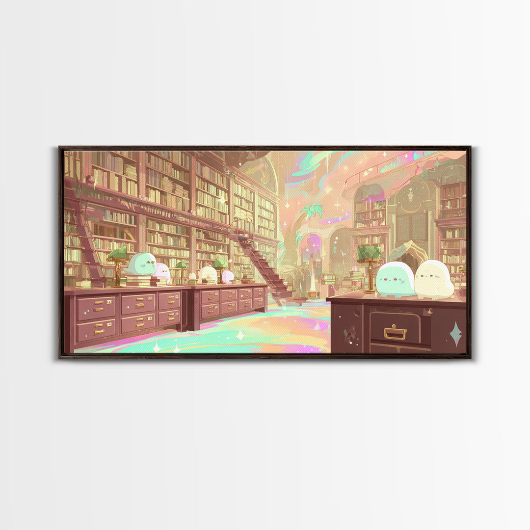 The Archivist Of Dreaming Bones, Cosmic Synthwave Horror, Wide Panoramic Art, Framed Canvas Print, Retro Halloween Decor, Neon Wall Art