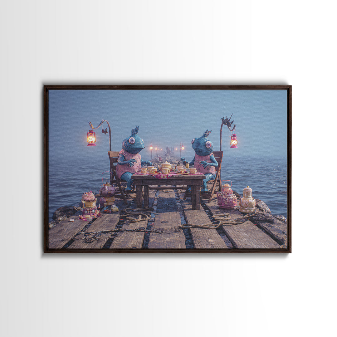 The Tea Party At Innsmouth Pier, 80s Halloween Wall Art, Landscape Wall Art, Framed Canvas Print, Retro Halloween Decor, Neon Wall Art