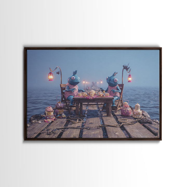 The Tea Party At Innsmouth Pier, 80s Halloween Wall Art, Landscape Wall Art, Framed Canvas Print, Retro Halloween Decor, Neon Wall Art