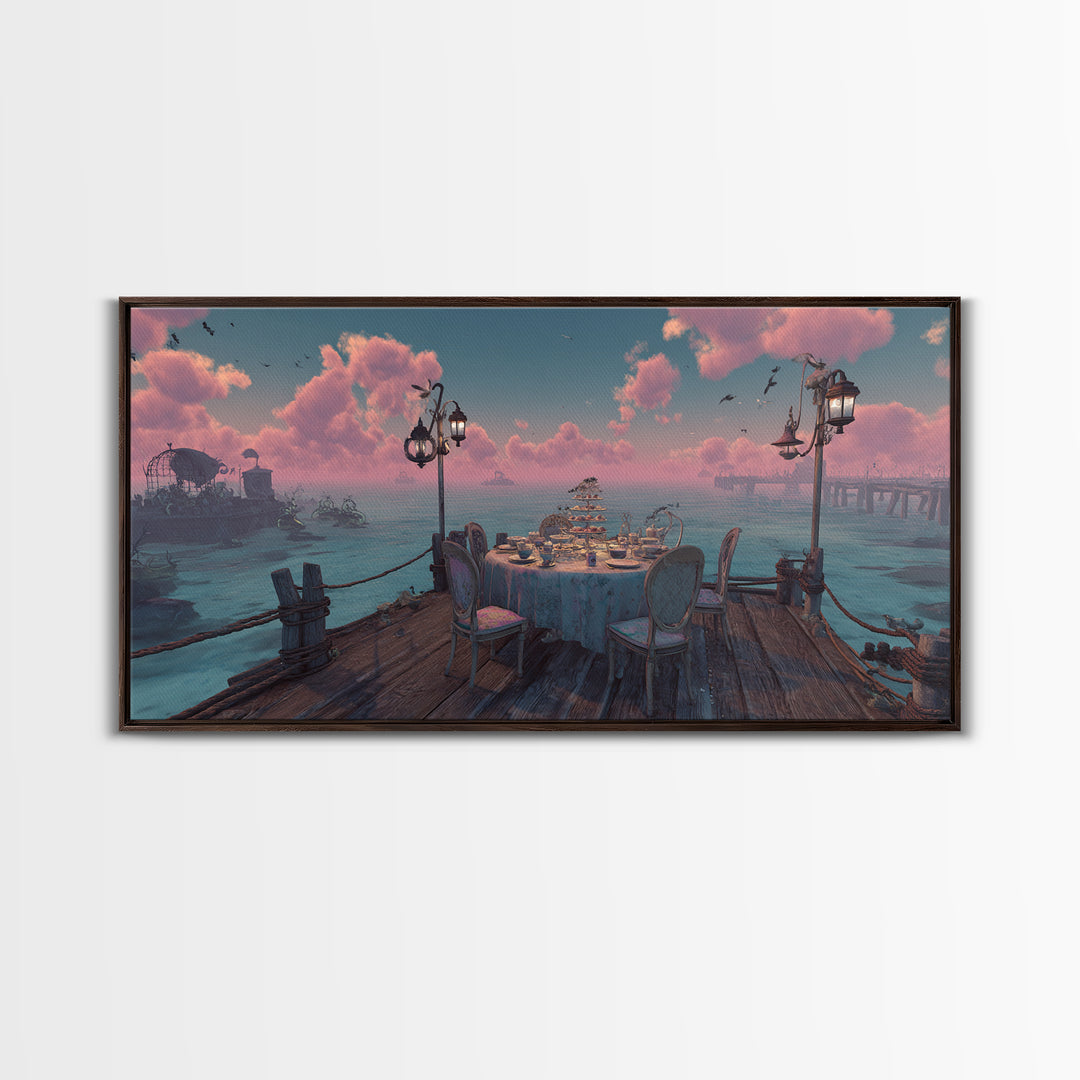 The Tea Party At Innsmouth Pier, Cute Eldritch Neon Art, Wide Panoramic Art, Canvas Print, Retro Halloween Decor, Neon Wall Art