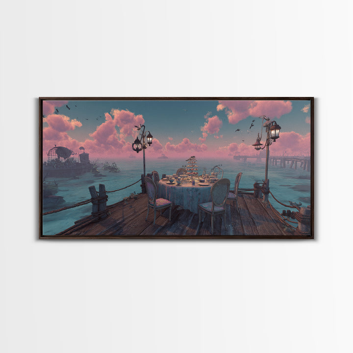 The Tea Party At Innsmouth Pier, Cute Eldritch Neon Art, Wide Panoramic Art, Canvas Print, Retro Halloween Decor, Neon Wall Art