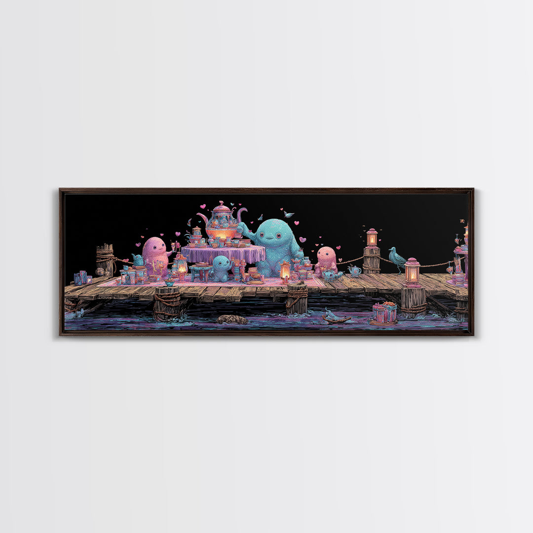The Tea Party At Innsmouth Pier, Cute Eldritch Neon Art, Extra Wide Wall Art, Canvas Print, Retro Halloween Decor, Neon Wall Art