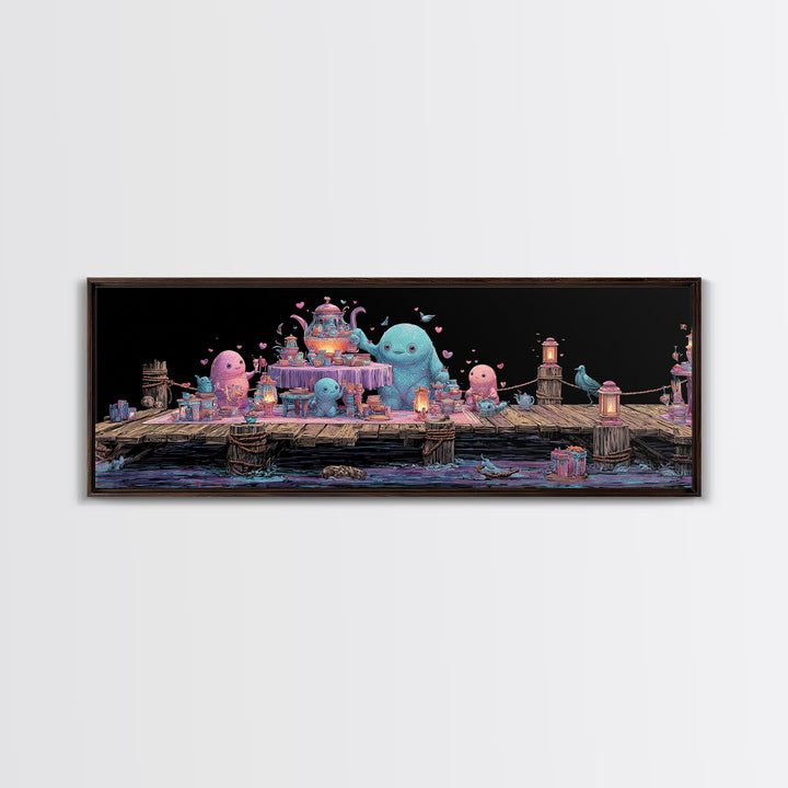 The Tea Party At Innsmouth Pier, Cute Eldritch Neon Art, Extra Wide Wall Art, Canvas Print, Retro Halloween Decor, Neon Wall Art