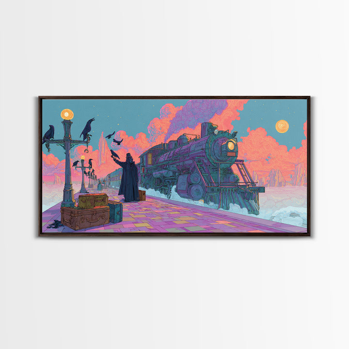 The Phantom Train To Kadath, Cute Spooky Neon Art, Wide Panoramic Art, Framed Canvas Print, Retro Halloween Decor, Neon Wall Art