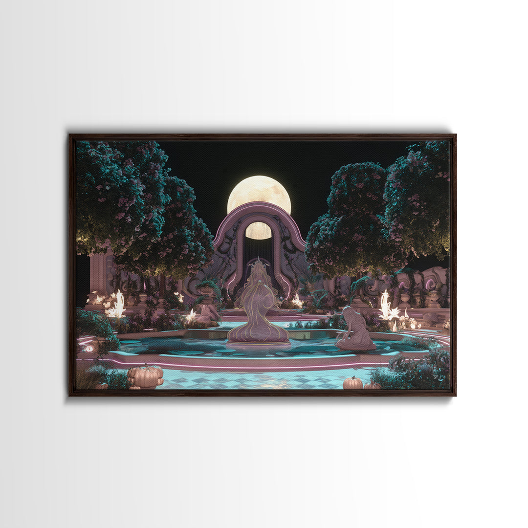 The Garden Of The Eyeless Moon, Synthwave Halloween Art, Landscape Wall Art, Framed Canvas Print, Retro Halloween Decor, Neon Wall Art