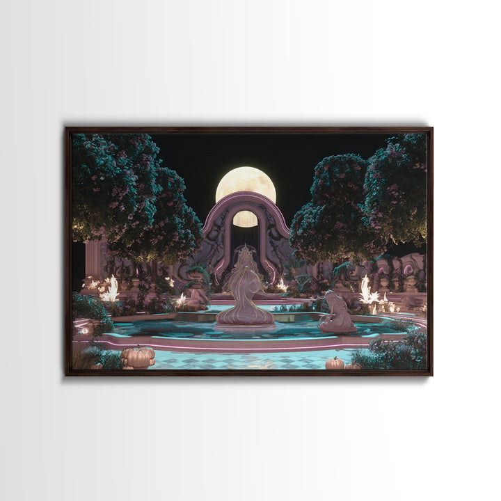 The Garden Of The Eyeless Moon, Synthwave Halloween Art, Landscape Wall Art, Framed Canvas Print, Retro Halloween Decor, Neon Wall Art