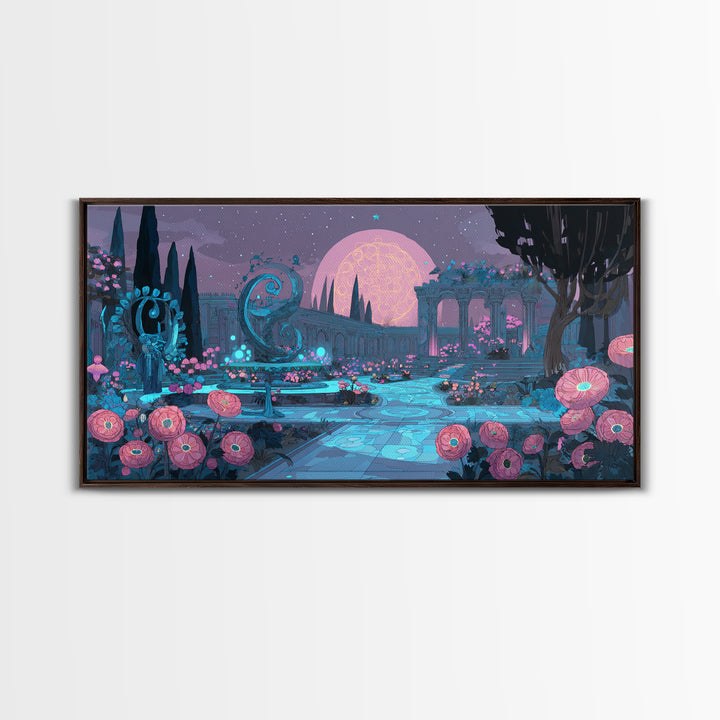 The Garden Of The Eyeless Moon, Synthwave Halloween Art, Wide Panoramic Art, Framed Canvas Print, Retro Halloween Decor, Neon Wall Art
