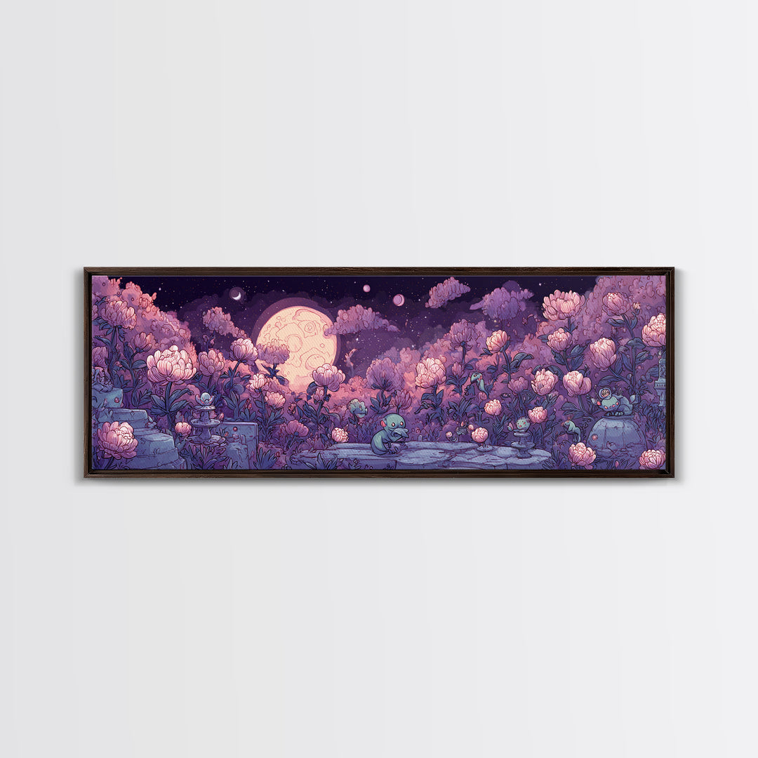 The Garden Of The Eyeless Moon, Synthwave Halloween Art, Extra Wide Wall Art, Framed Canvas Print, Retro Halloween Decor, Neon Wall Art