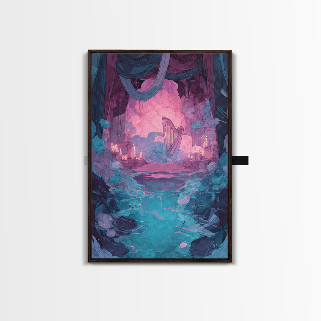 The Harpist Of Abyssal Sleep, Cute Eldritch Neon Art, Vertical Wall Art, Canvas Print, Retro Halloween Decor, Neon Wall Art