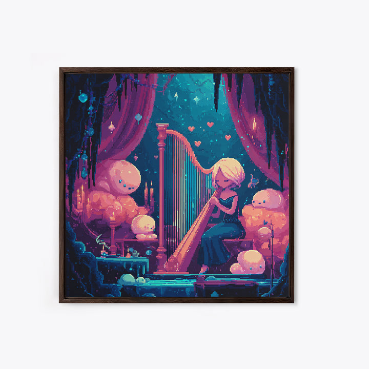 The Harpist Of Abyssal Sleep, Retro Neon Halloween Art, Square Wall Art, Framed Canvas Print, Retro Halloween Decor, Neon Wall Art