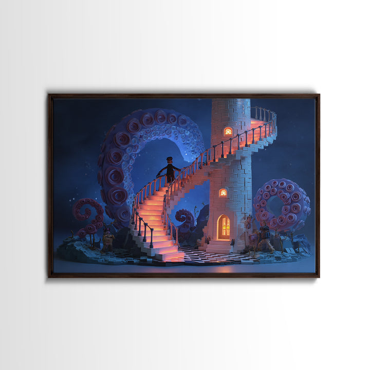 The Last Lighthouse Of Y’Ha-Nthlei, Cute Spooky Neon Art, Landscape Wall Art, Framed Canvas Print, Retro Halloween Decor, Neon Wall Art