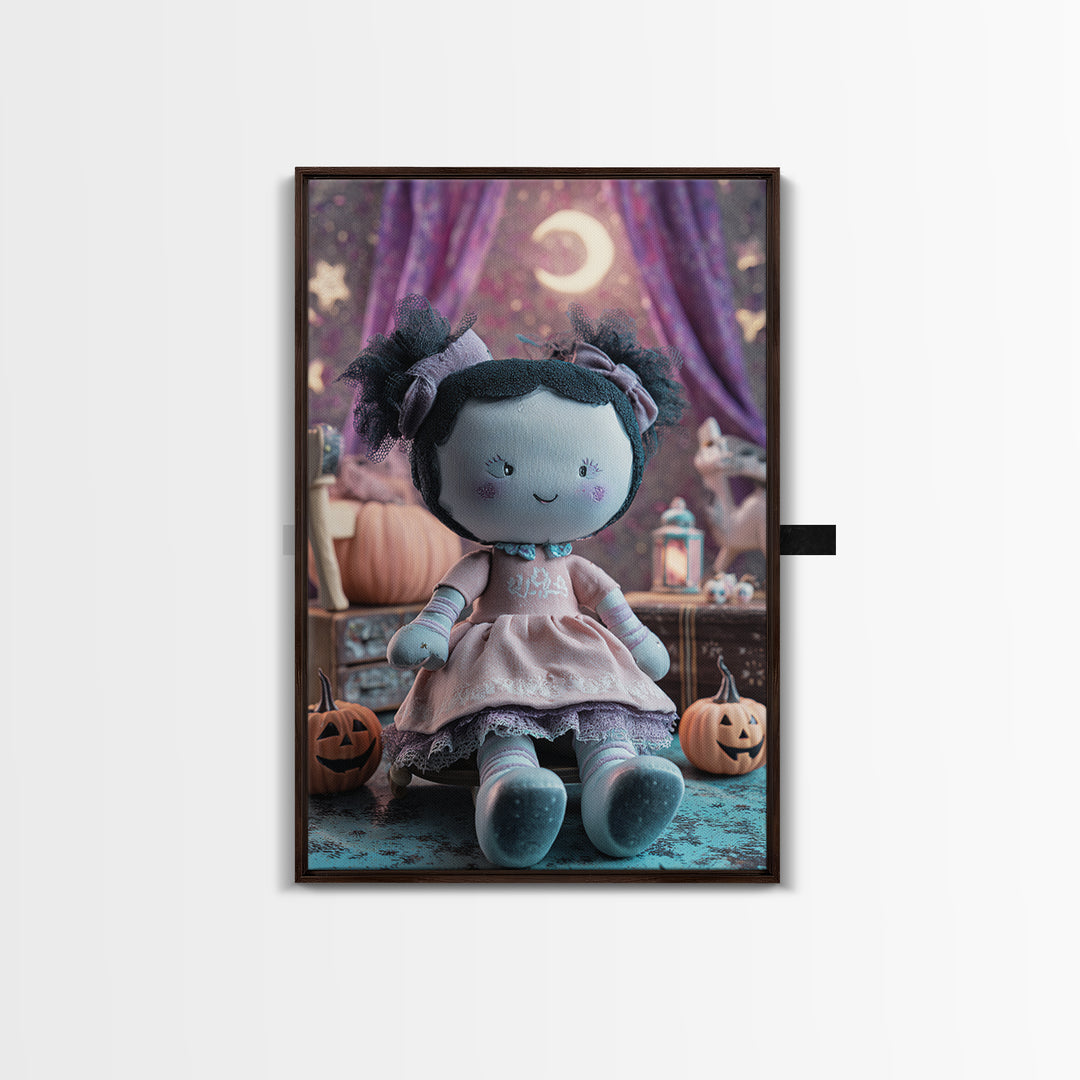 The Doll From Beyond The Void, Retro Neon Halloween Art, Vertical Wall Art, Framed Canvas Print, Retro Halloween Decor, Neon Wall Art