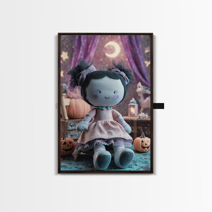 The Doll From Beyond The Void, Retro Neon Halloween Art, Vertical Wall Art, Framed Canvas Print, Retro Halloween Decor, Neon Wall Art