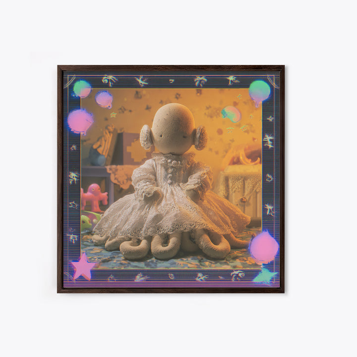 The Doll From Beyond The Void, Cosmic Synthwave Horror, Square Wall Art, Framed Canvas Print, Retro Halloween Decor, Neon Wall Art