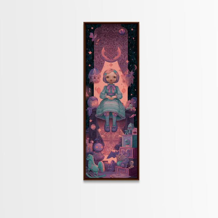 The Doll From Beyond The Void, 80s Halloween Wall Art, Tall Narrow Wall Art, Canvas Print, Retro Halloween Decor, Neon Wall Art
