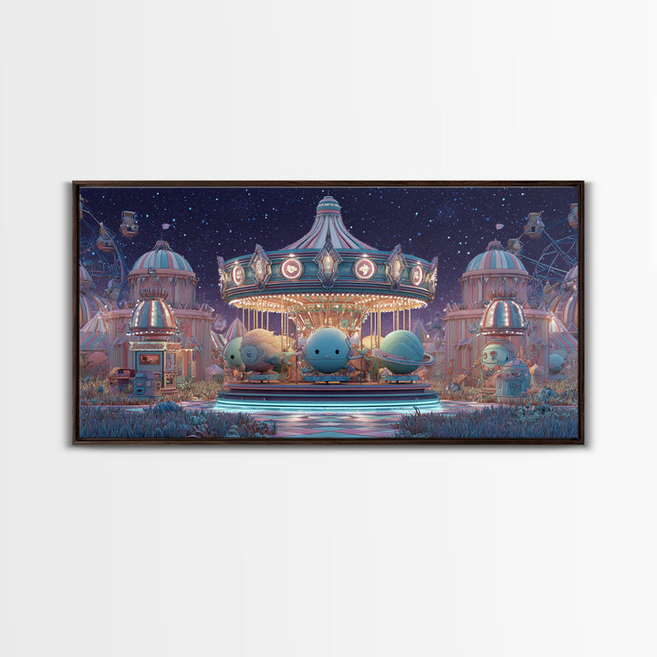 The Carousel Of Sleeping Planets, Retro Neon Halloween Art, Wide Panoramic Art, Canvas Print, Retro Halloween Decor, Neon Wall Art