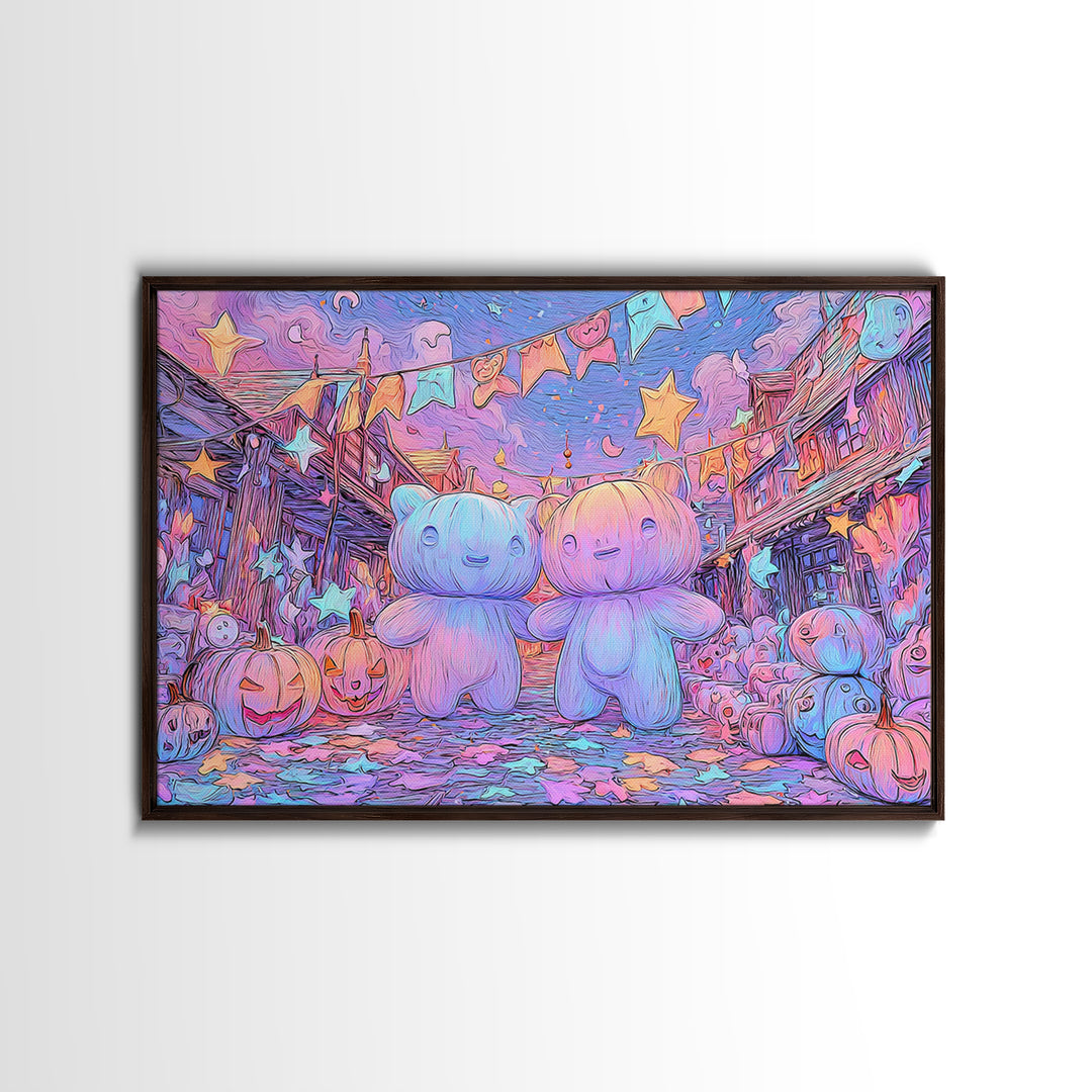 The Festival Of The Little Old Ones, Synthwave Halloween Art, Landscape Wall Art, Framed Canvas Print, Retro Halloween Decor, Neon Wall Art