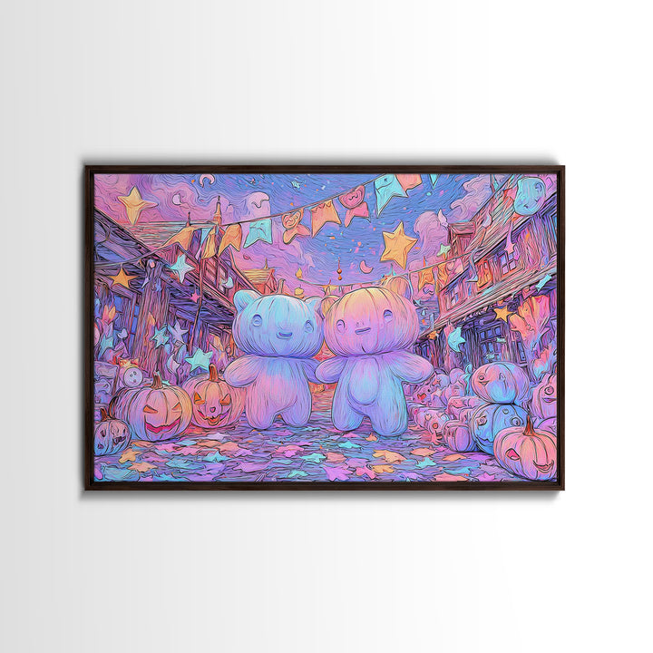The Festival Of The Little Old Ones, Synthwave Halloween Art, Landscape Wall Art, Framed Canvas Print, Retro Halloween Decor, Neon Wall Art