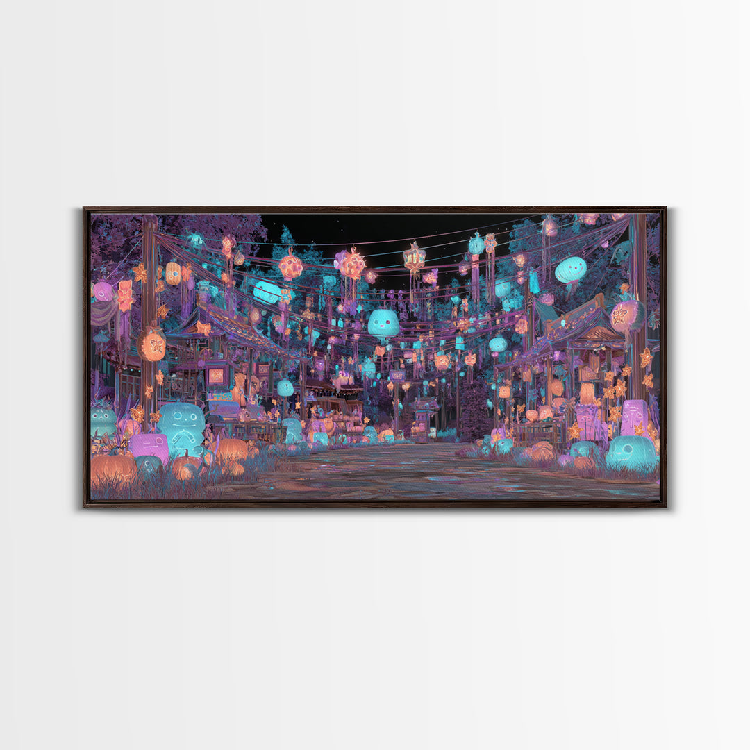 The Festival Of The Little Old Ones, Cute Eldritch Neon Art, Wide Panoramic Art, Canvas Print, Retro Halloween Decor, Neon Wall Art