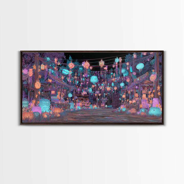 The Festival Of The Little Old Ones, Cute Eldritch Neon Art, Wide Panoramic Art, Canvas Print, Retro Halloween Decor, Neon Wall Art