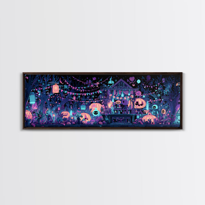 The Festival Of The Little Old Ones, Vaporwave Halloween Decor, Extra Wide Wall Art, Framed Canvas Print, Retro Halloween Decor