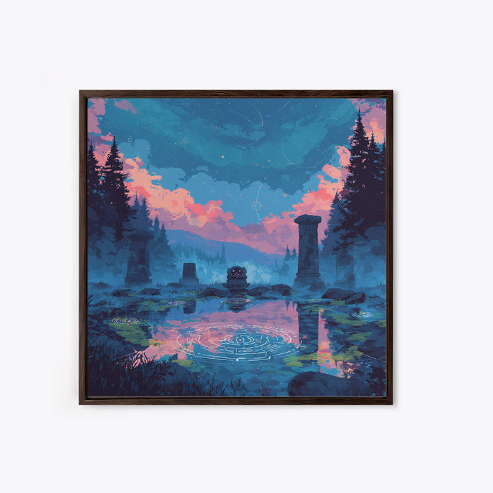 The Mirror Lake Of Lost Constellations, 80s Halloween Wall Art, Square Wall Art, Canvas Print, Retro Halloween Decor, Neon Wall Art