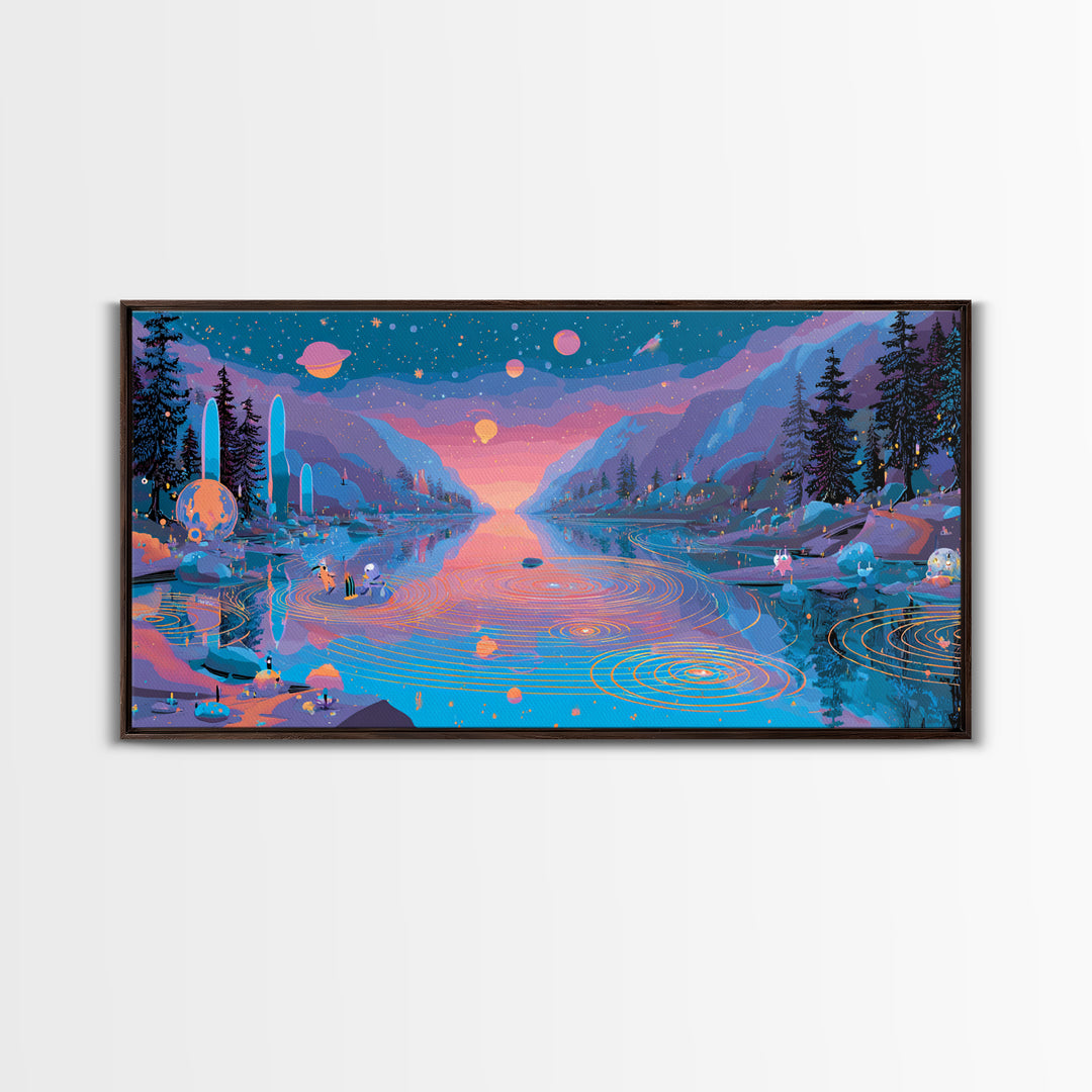 The Mirror Lake Of Lost Constellations, Synthwave Halloween Art, Wide Panoramic Art, Framed Canvas Print, Retro Halloween Decor
