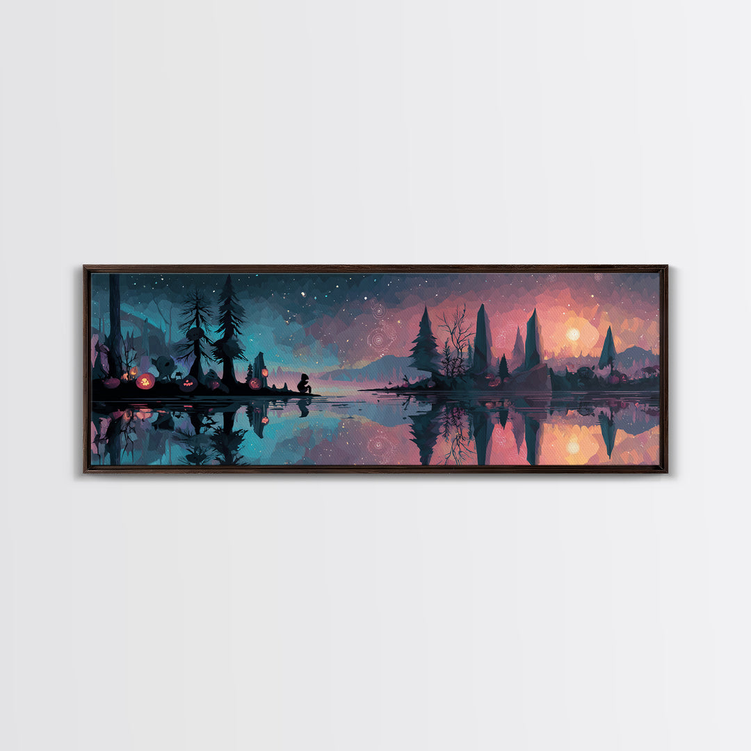 The Mirror Lake Of Lost Constellations, Cosmic Synthwave Horror, Extra Wide Wall Art, Framed Canvas Print, Retro Halloween Decor